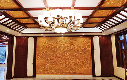 天台中式别墅客厅中式木作横梁吊顶装饰展示